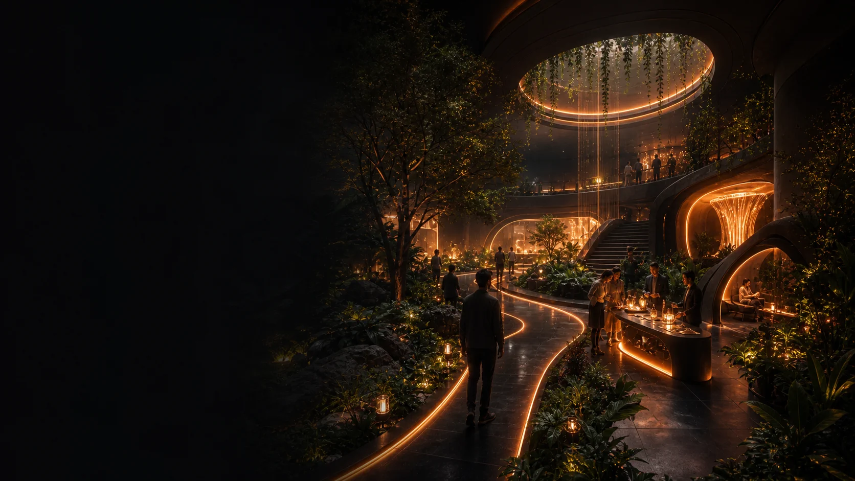 A future customer atrium where a human-led team guides one customer from arrival through confident use and recovery.