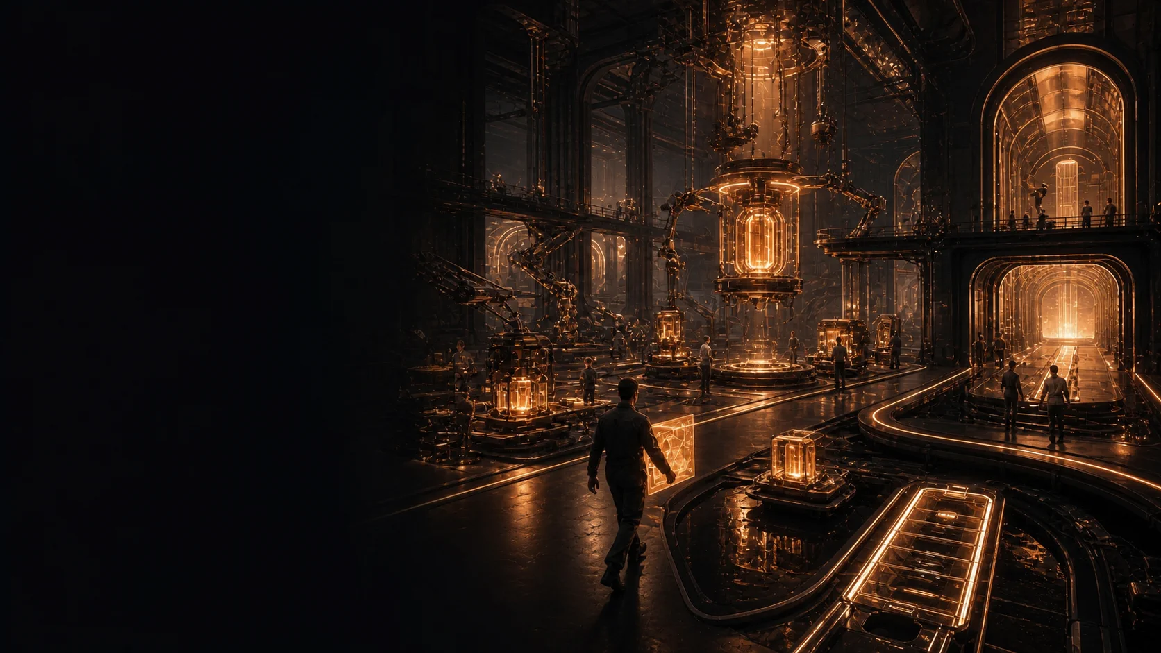 A future software foundry where a human-led agent team builds, tests, reviews, and prepares a reversible release.