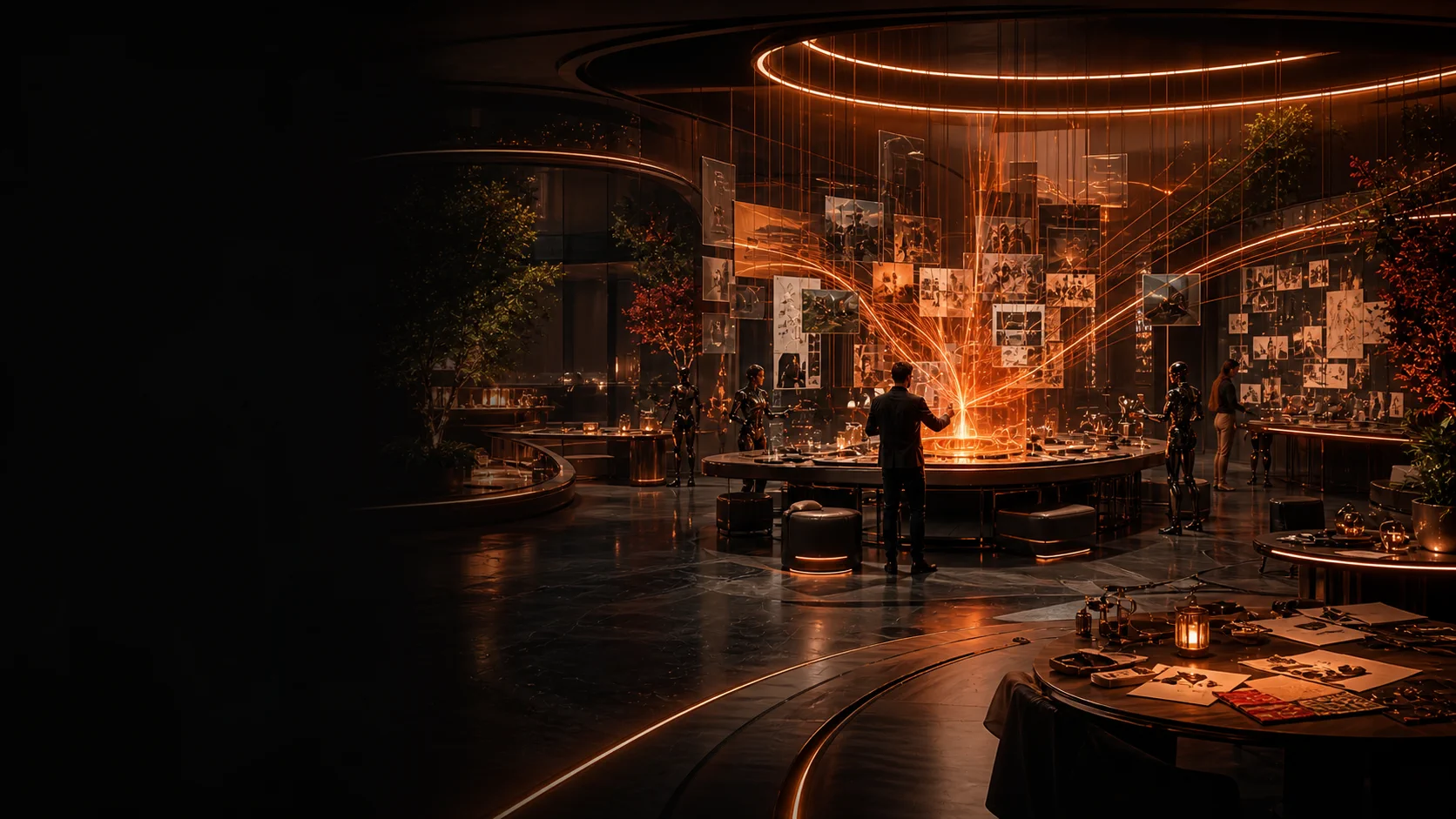 A future campaign atelier where a human creative director and agent team turn market signals into measured stories.