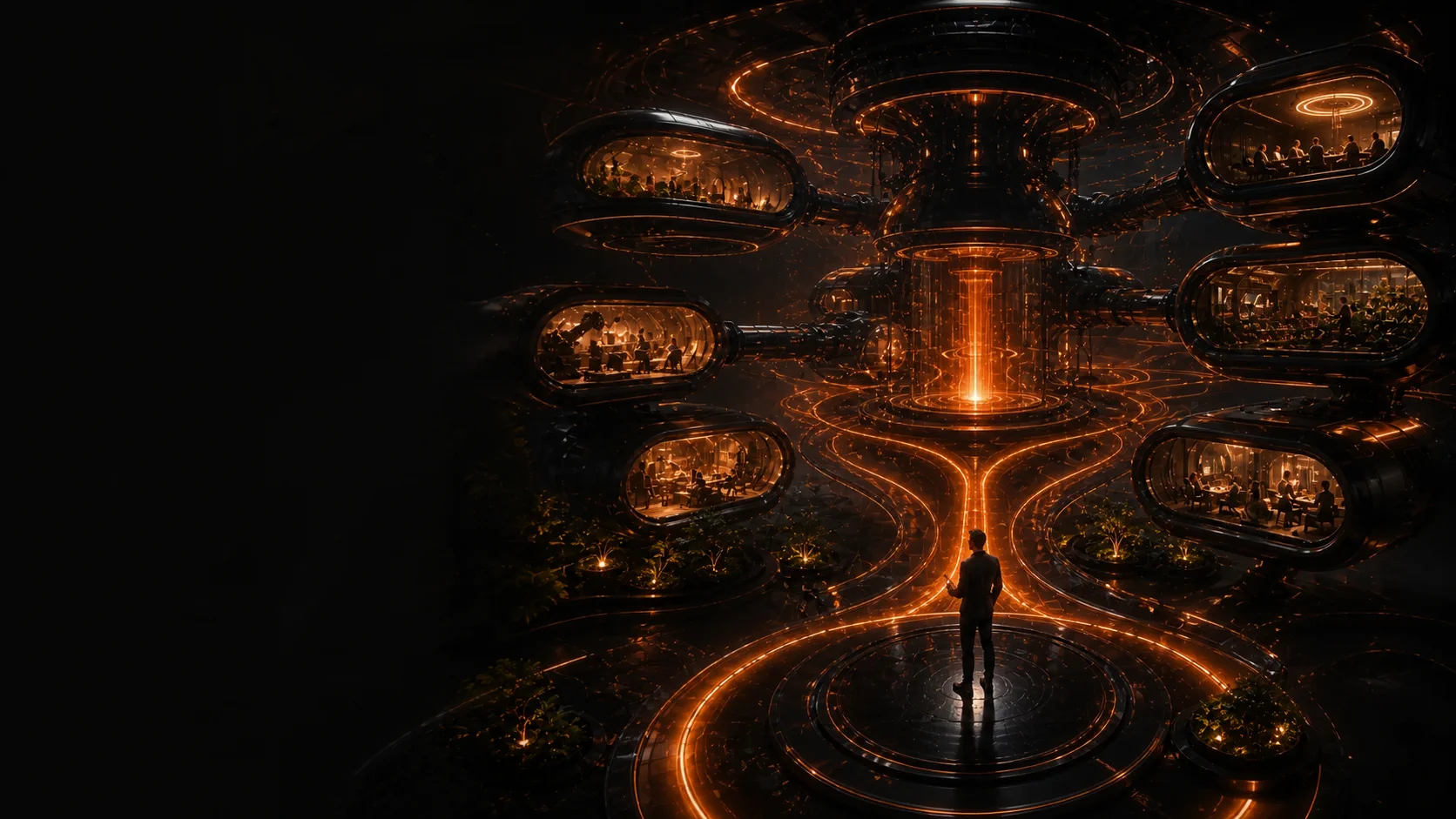 Distinct professional chambers assembling around one human-selected business destination.