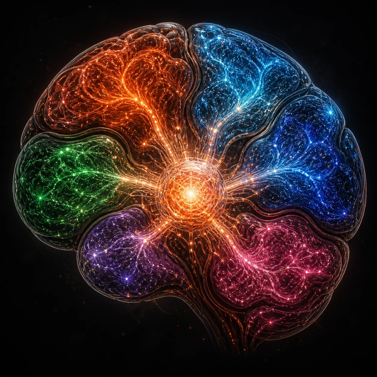 Six luminous agent lobes connected to one shared AgentHost brain.