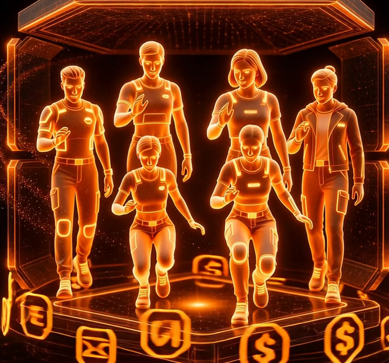 Concept art showing six proposed agent roles on a lit plinth beneath the AgentHost canopy.