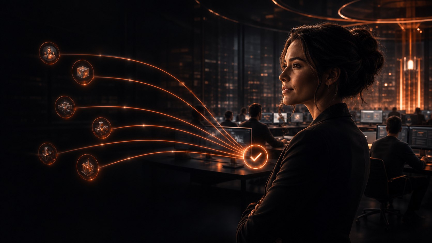 Illustrative human leader at the decision point of an agent operation