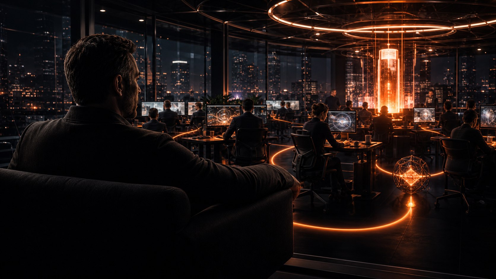 Illustrative operator watching a multi-agent team work together